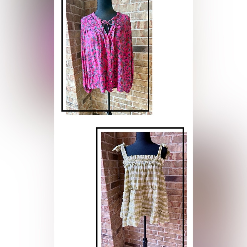 Anthropologie Maeve: Pink Floral Blouse and Green/White Top Bundle